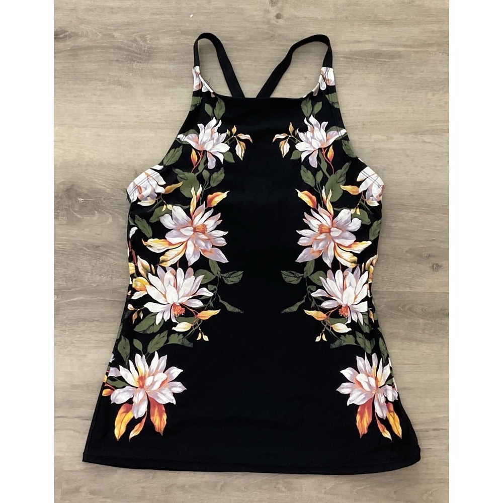Calvin Klein Womens Floral High Neck Tankini Top Black XL Adjustable Straps
